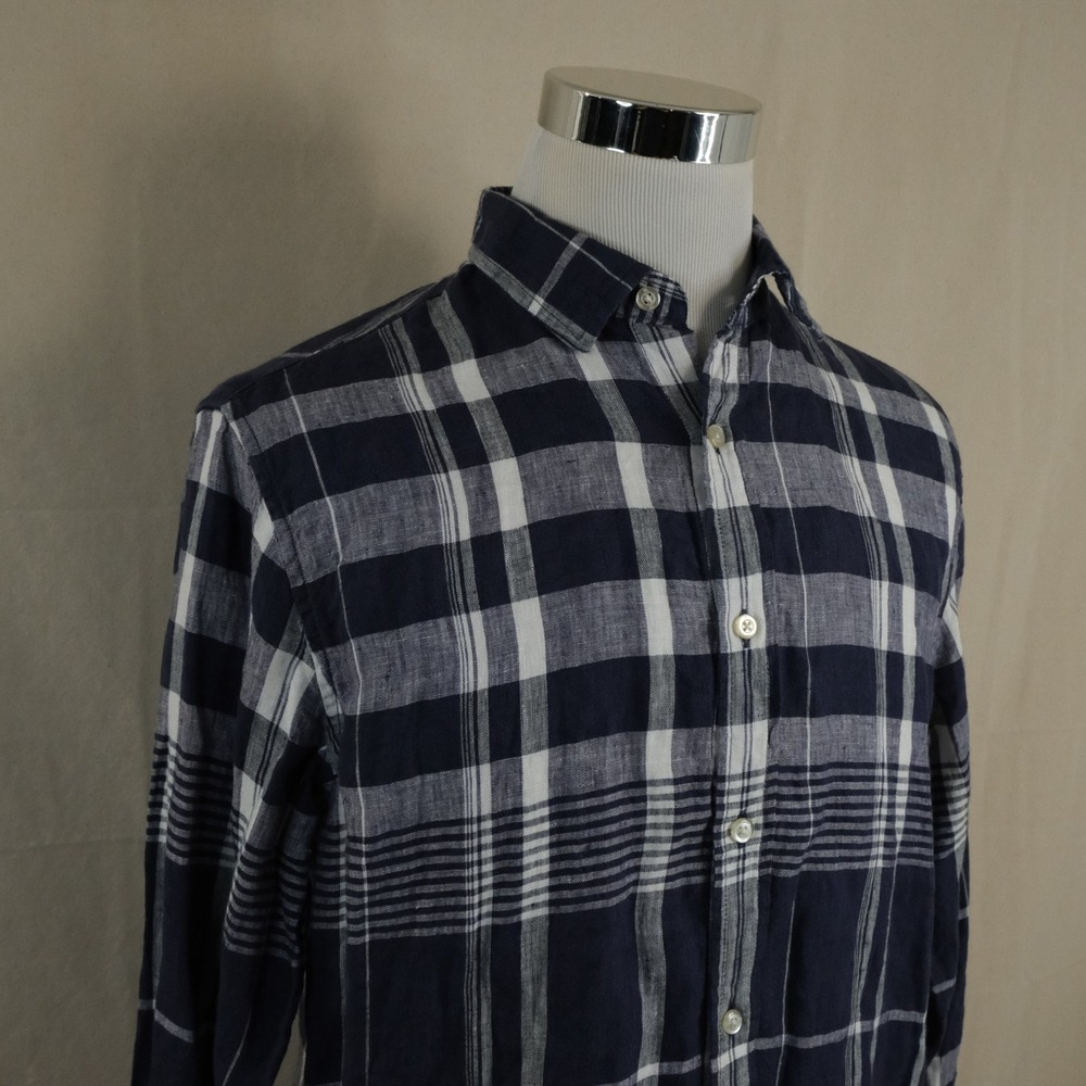 Banana Republic Medium Slim Fit 100% Linen Shirt Blue Plaid Long Sleeve Mens